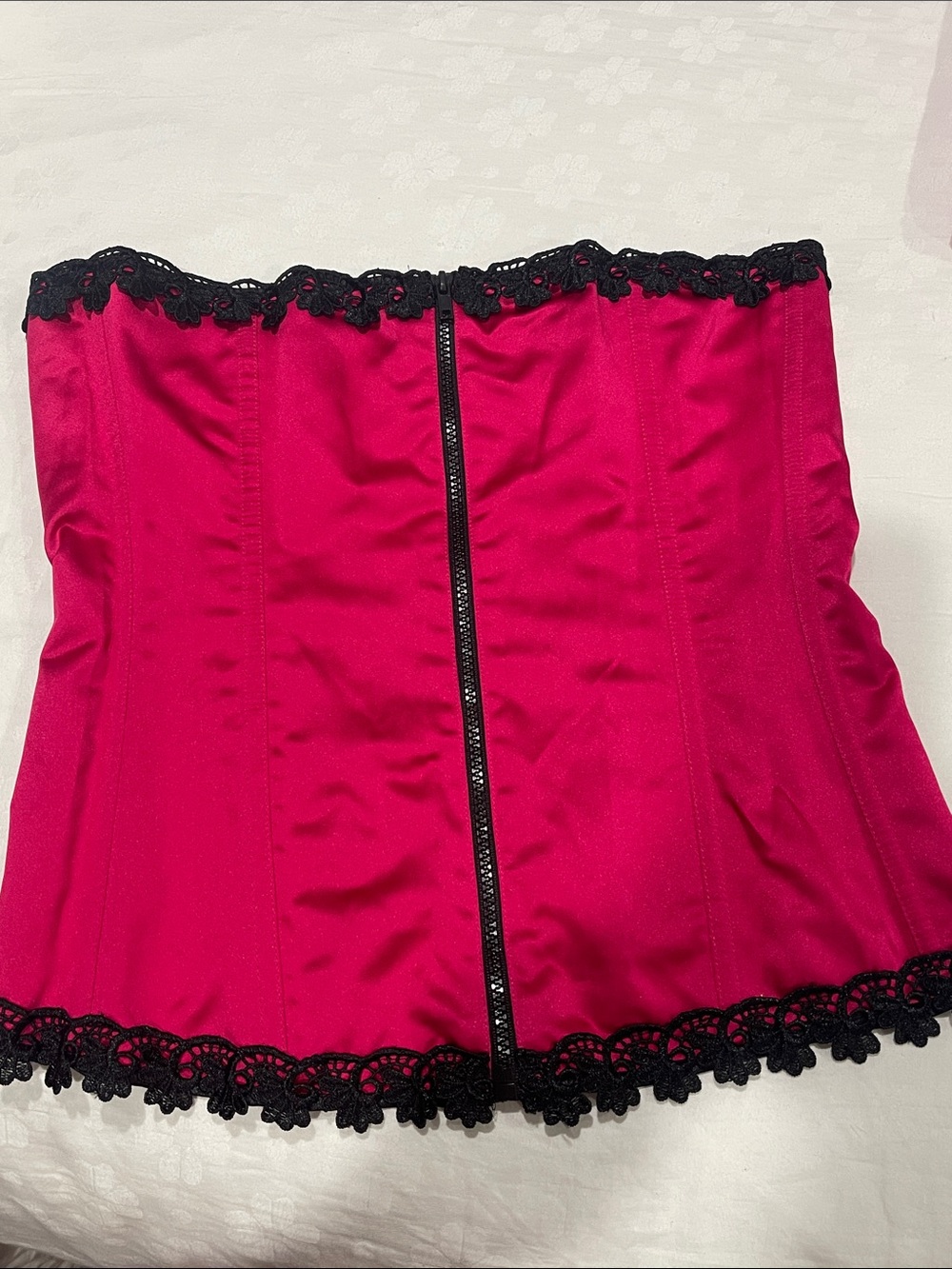 Fuchsia and Black Lace-Trim Strapless Corset Top